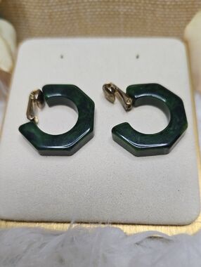 Bakelite Green Hexagon Hoop Clip Earrings - Vintage